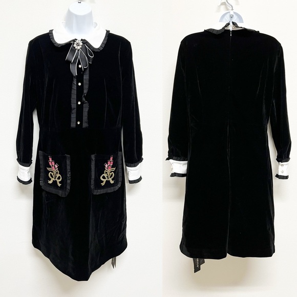 BURRYCO Womens Black Velvet Peter Pan Collar Embroidered Pocket A Line Dress - Picture 2 of 14